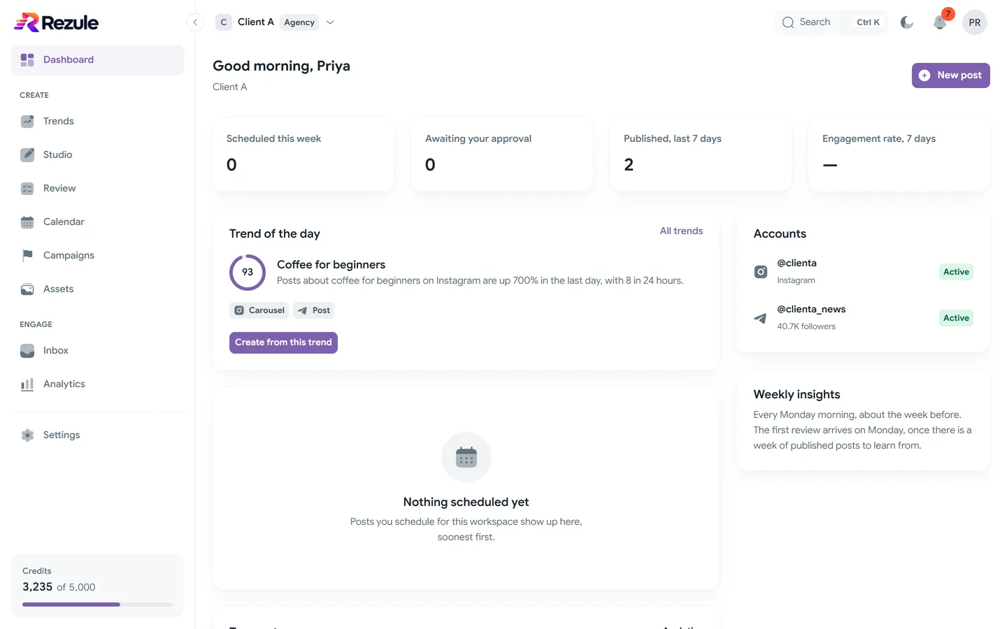 The Rezule dashboard for a client workspace: counts for scheduled, awaiting approval and published posts, the trend of the day, connected accounts, and weekly insights