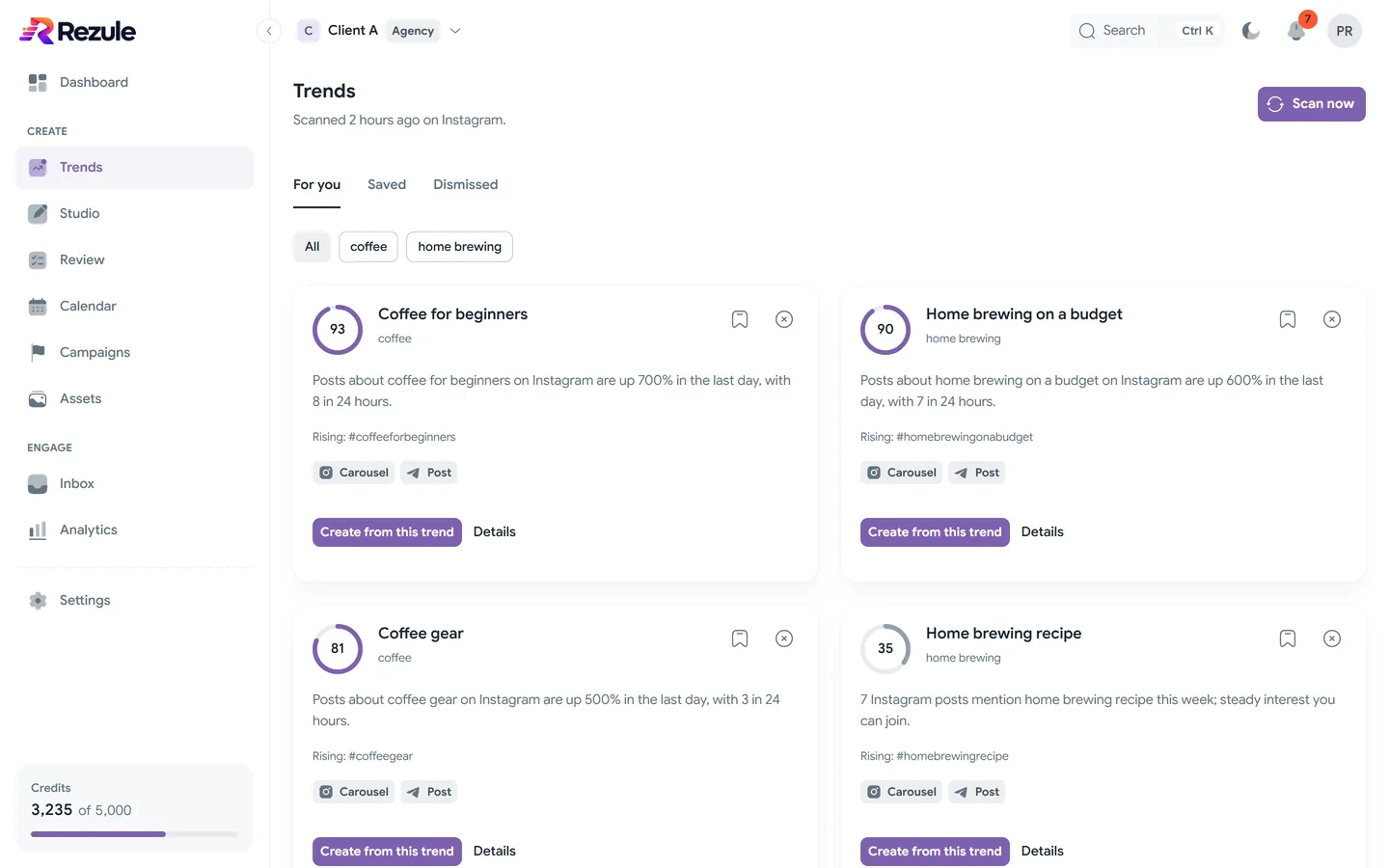 The Trends screen: topics ranked for a coffee brand, each with a score, a rising hashtag, suggested formats and a Create from this trend button